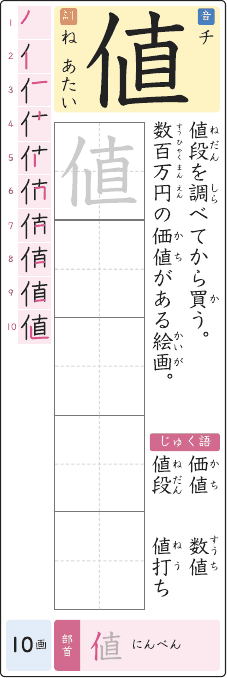 値 のプリントの見本